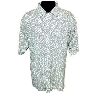 TOSCANO 90s Cream Green Silk Button Down Shirt Geometric Prints Short Sleeve XXL